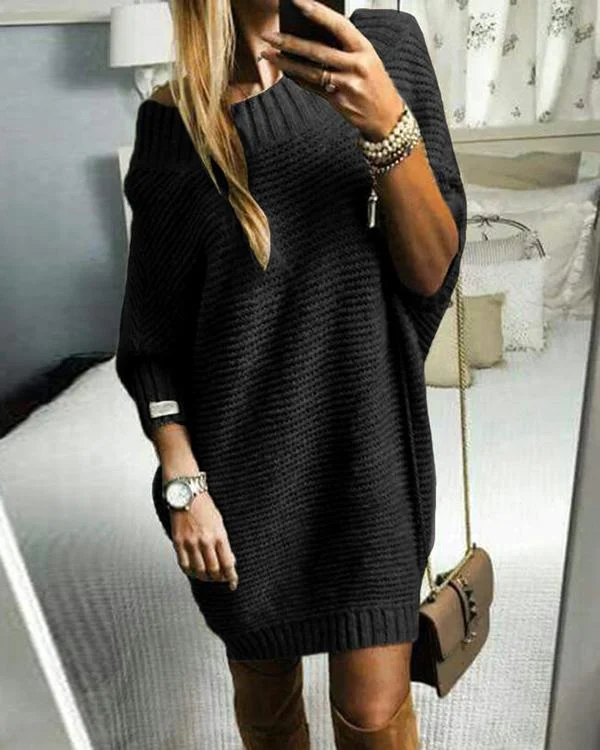 Solid Ribbed Round Neck Casual Long Sweater Dress
