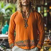 Men's Bohemian Holiday Style Vintage Linen Printed Casual Long Sleeve Top by Inlyline