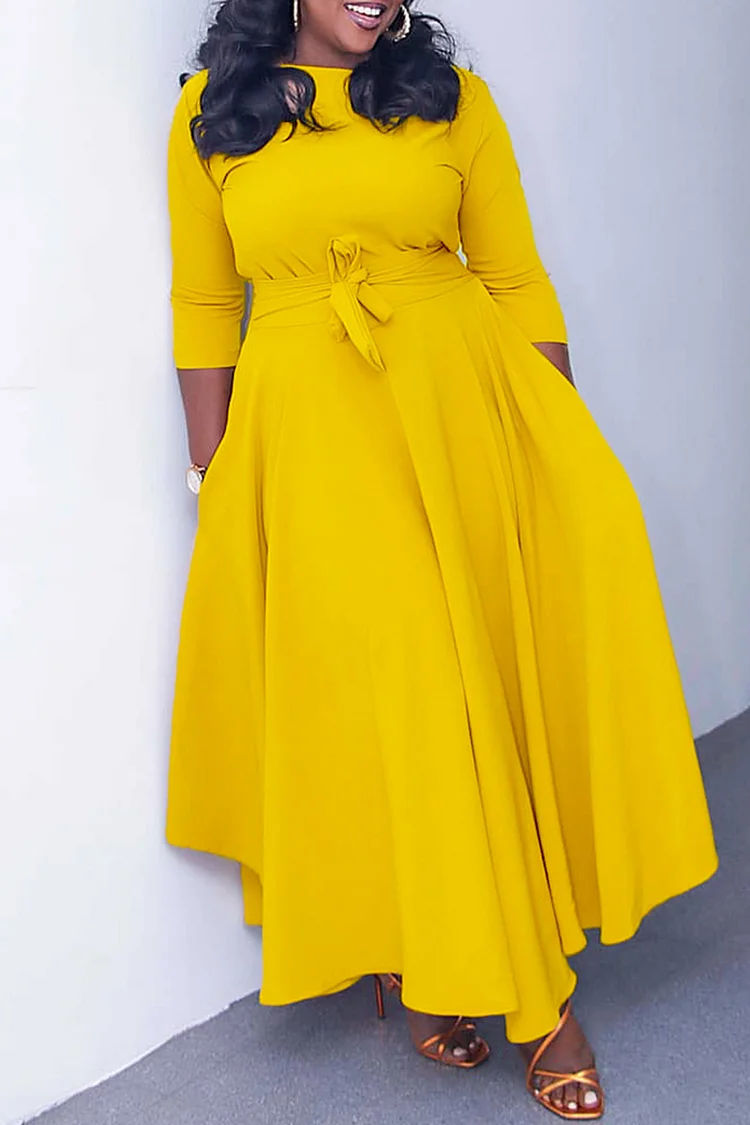 Three Quarter Sleeve Tie Up Pleated A-Line Maxi Dress