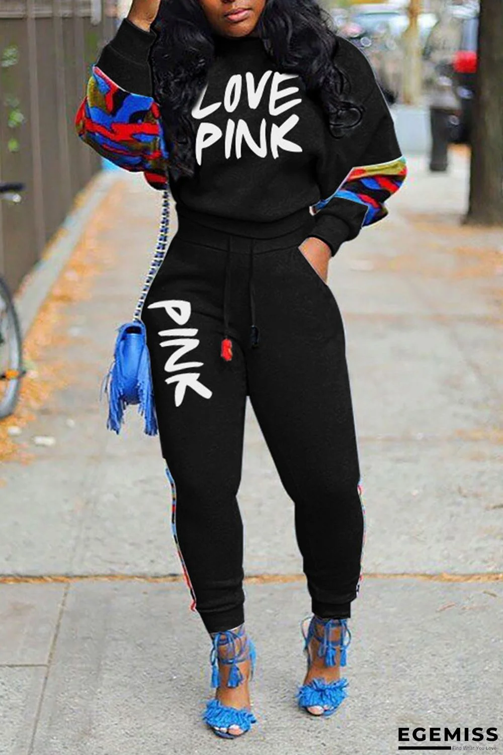 Black Casual Print Patchwork O Neck Long Sleeve Two Pieces | EGEMISS