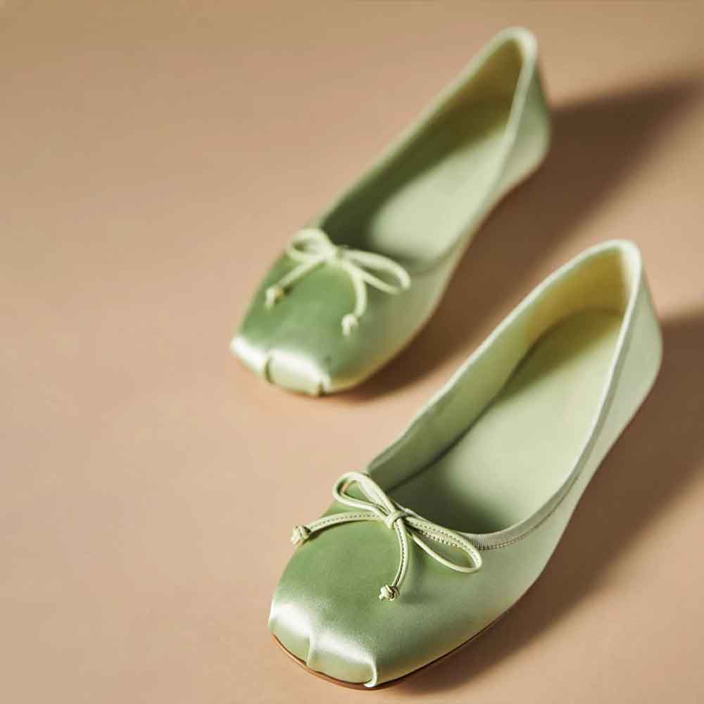 Green Satin Closed Square Toe Bow Slip-On Ballet Flats  Nicepairs