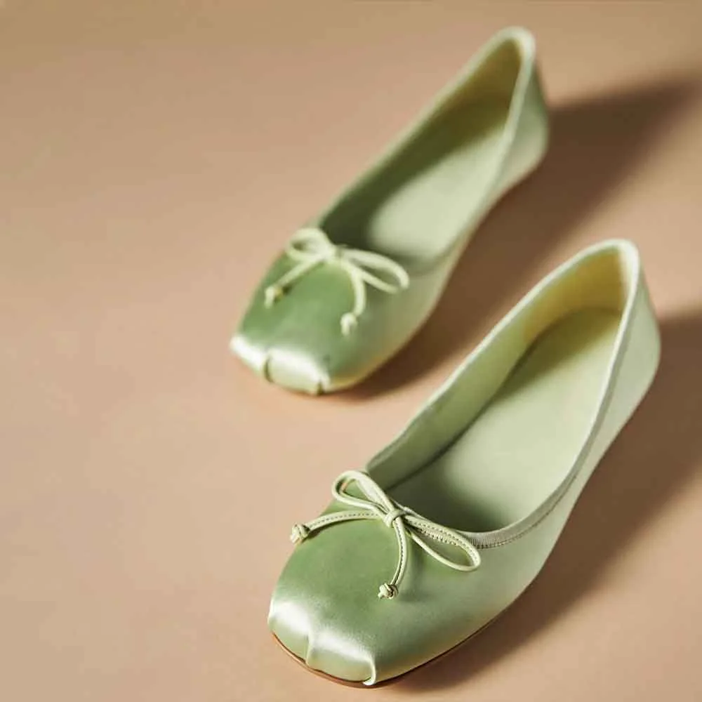 Green Satin Closed Round Toe Bow Slip-On Ballet Flats  Nicepairs