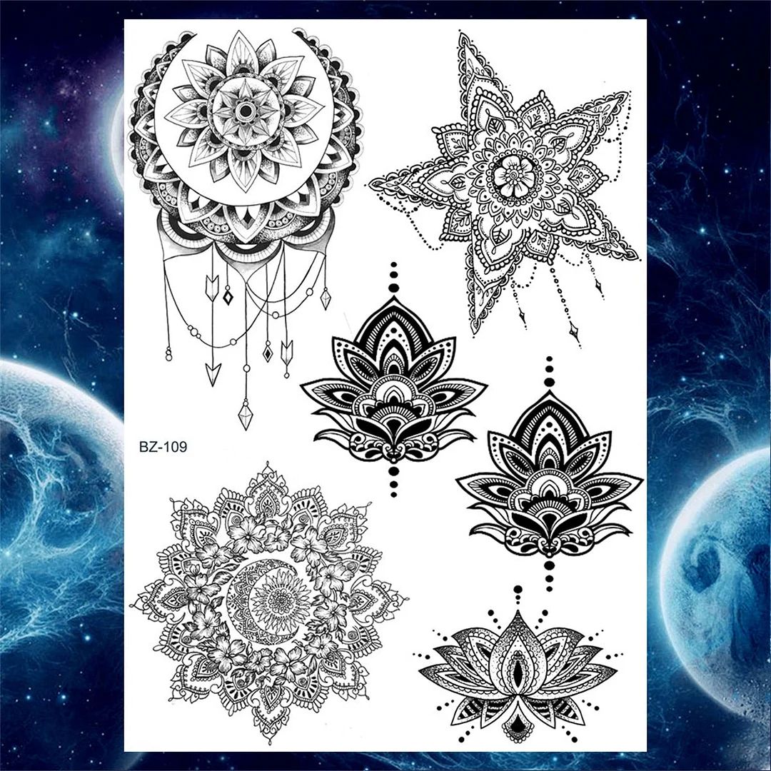 Mandala Flower Temporary Tattoos For Women Girls Henna Snake Tattoo Sticker Black Tribal Elephant Ganesha Fake Jewelry Tatoo Arm