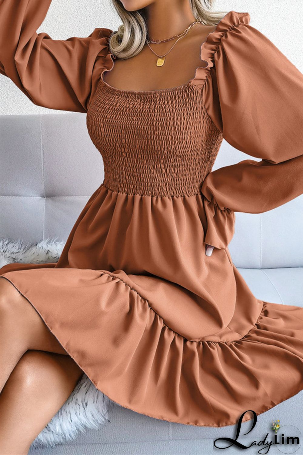 Burgundy Fashion Casual Solid Patchwork Square Collar Long Sleeve Dresses