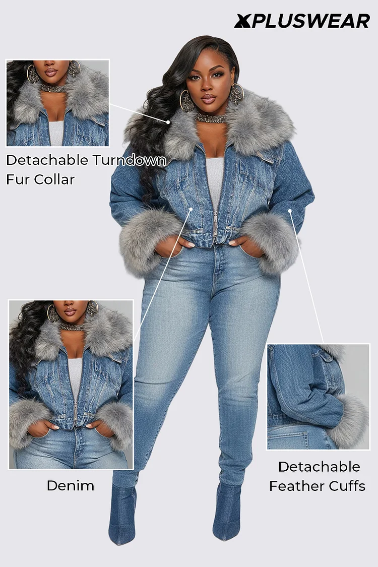 Xpluswear Design Plus Size Daily Blue Turndown Collar Long Sleeve Feather Elegant Contrast Denim Jacket [Pre-Order]