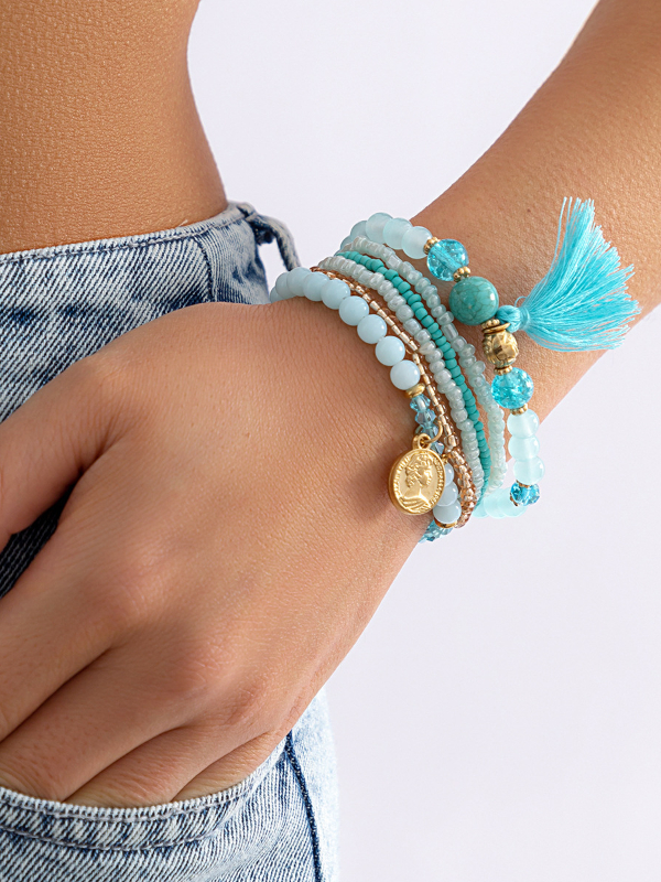Multi-Layer Beaded Elastic National Style Rice Bead Set  Bracelet 