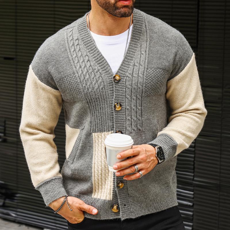 Men's Colorblock V-neck Cardigan Knitted Jacket 48320066X