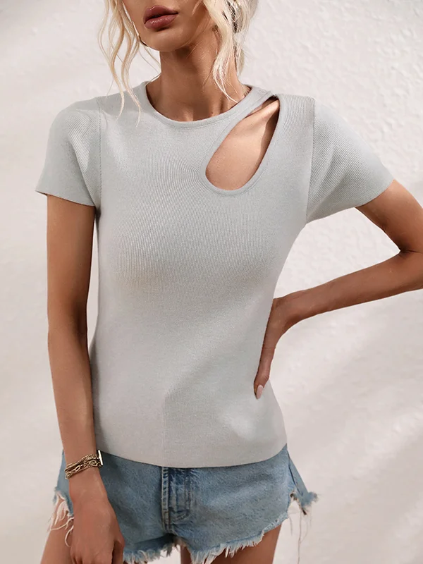 Asymmetric Hollow Solid Color Short Sleeves Skinny Round-neck T-Shirts Tops