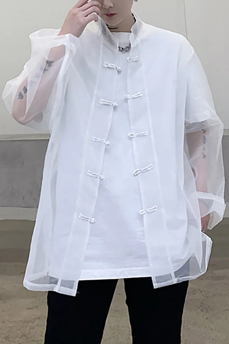See Through Buckle Stand-Up Collar Loose Long Sleeve White Shirt
