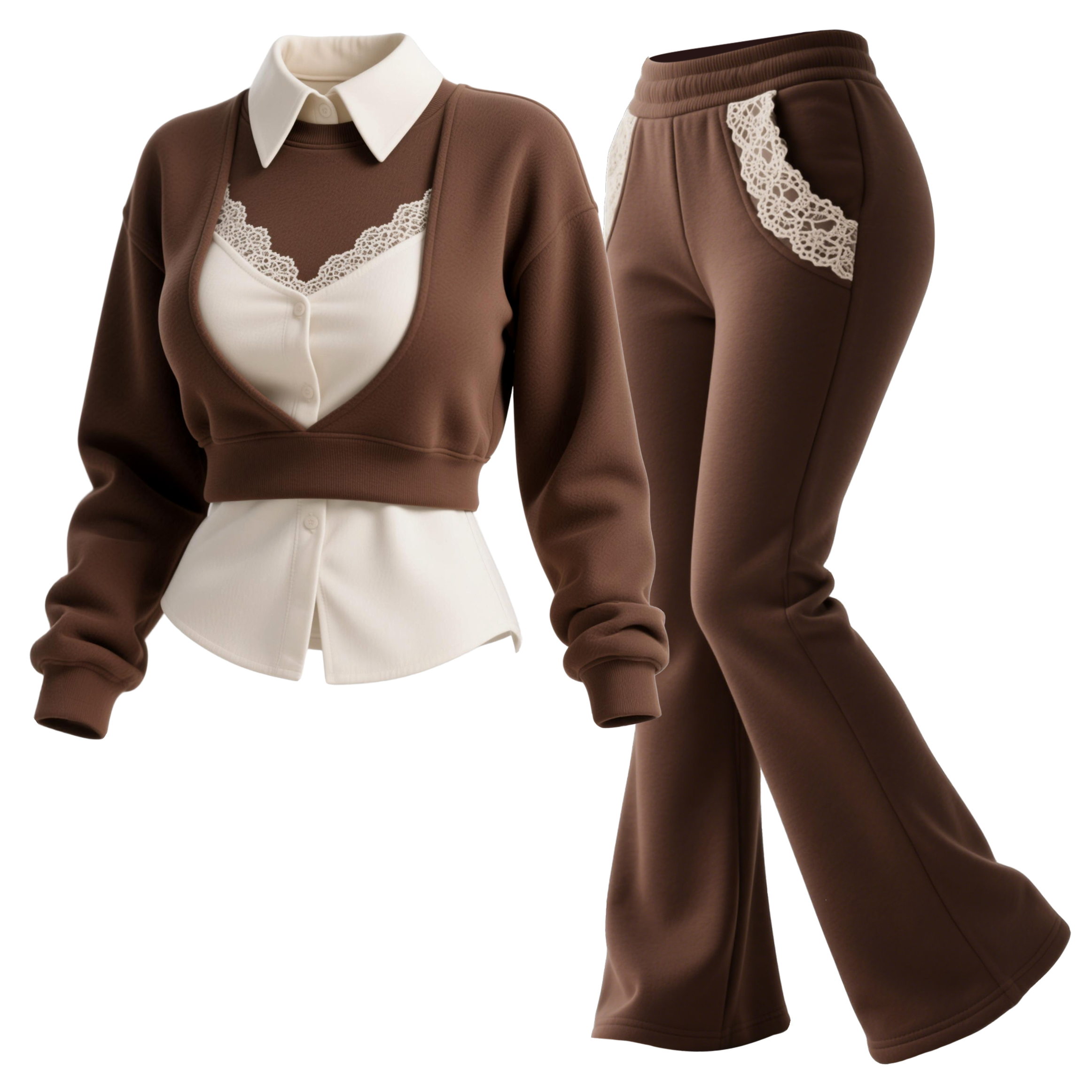 Street Style Lace-trimmed Shirt Collar Faux Two-piece Top + Trousers Set