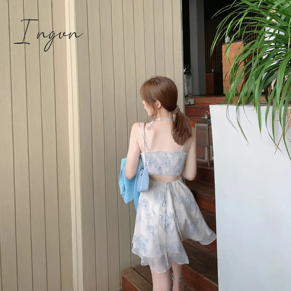 Ingvn - Womens Fashion Sexy V - Neck Spaghetti Straps Floral Thin Chiffon Dress Women Summer