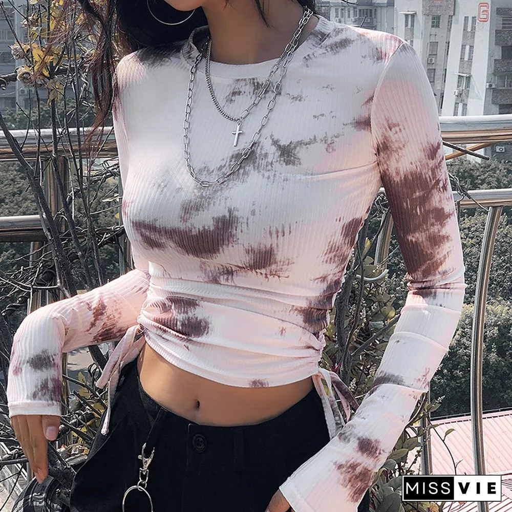 Tie Dye Print Ribbed Women T Shirt Crop Top Bandage Long Sleeve Sexy Streetwear Summer Clothes Drawstring