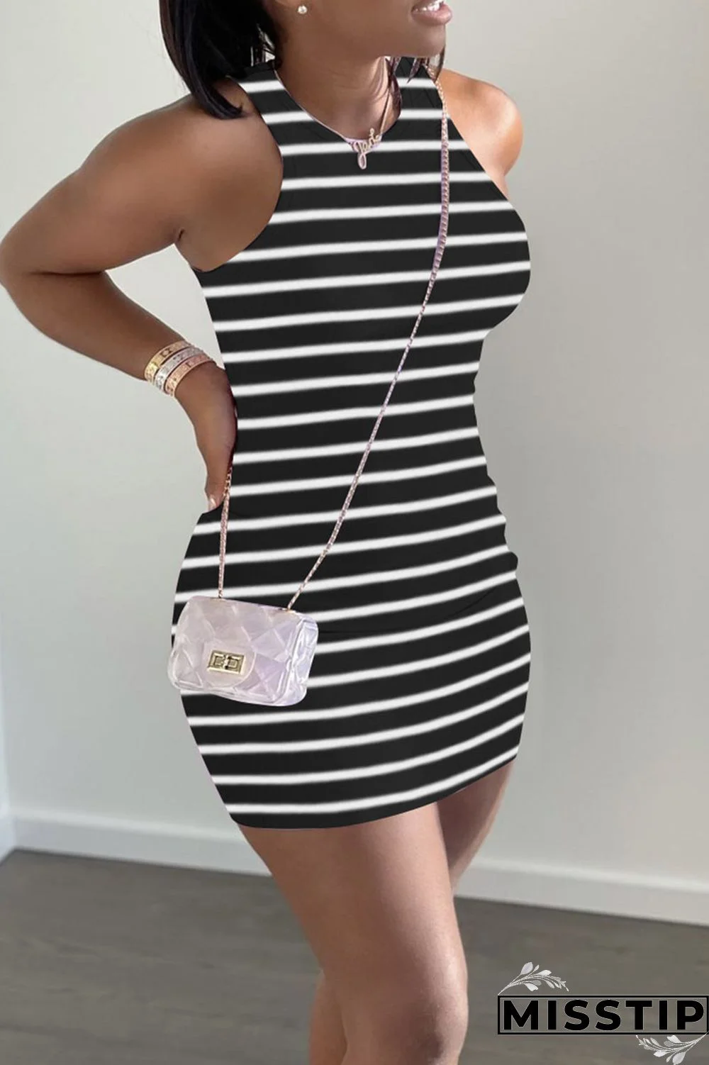 Black Casual Striped Print Patchwork O Neck Vest Dress Dresses