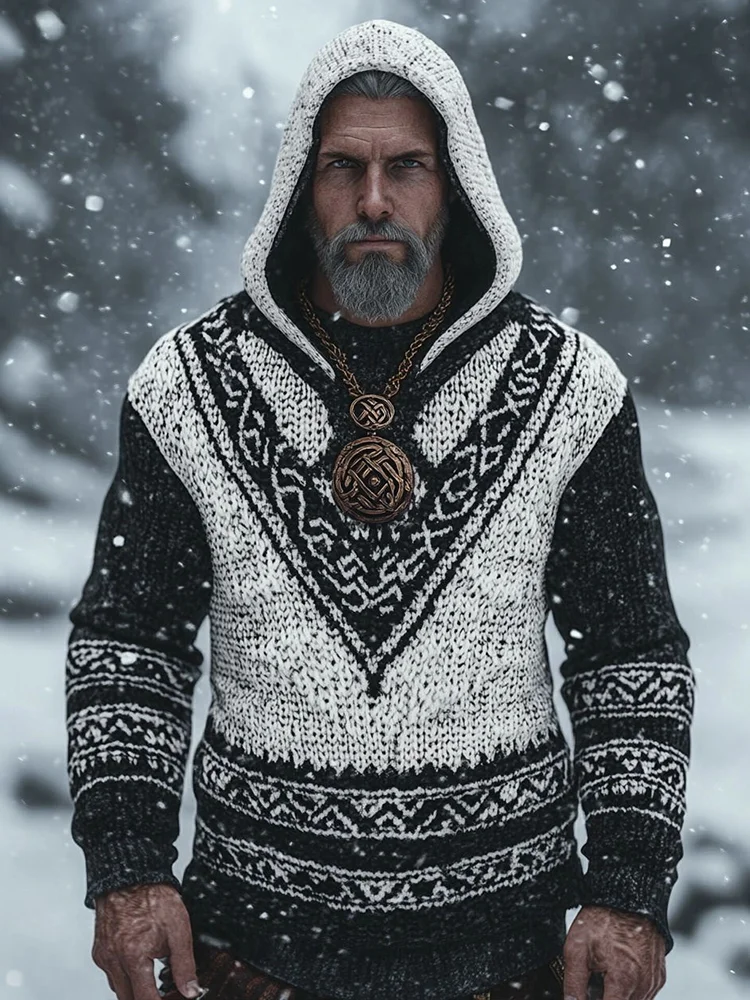 Men's Vintage Viking Contrast Color Cozy Knit Hooded Sweater