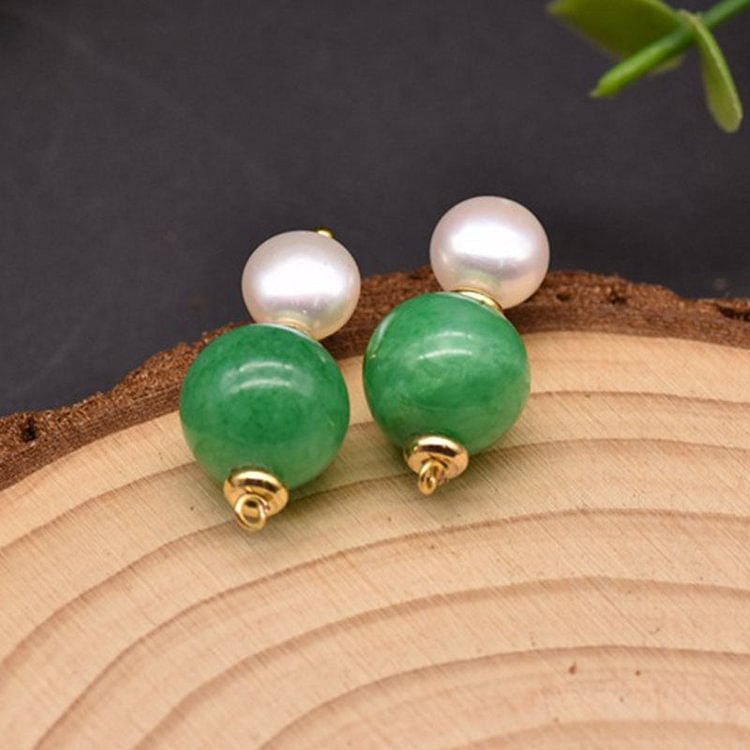 925 Silver Stud Earrings With Green Jade Baroque Pearls