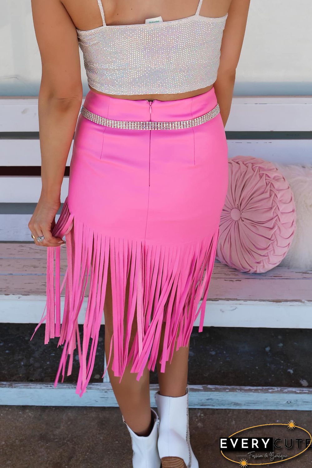Pink Fringe Hemline Midi Skirt