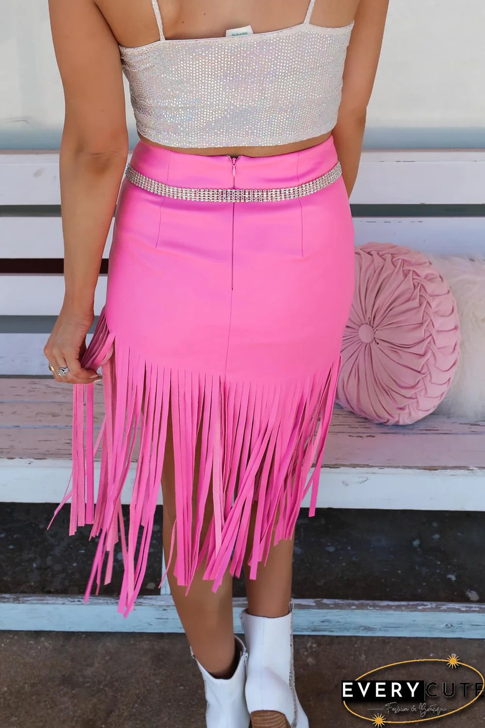 Pink Fringe Hemline Midi Skirt