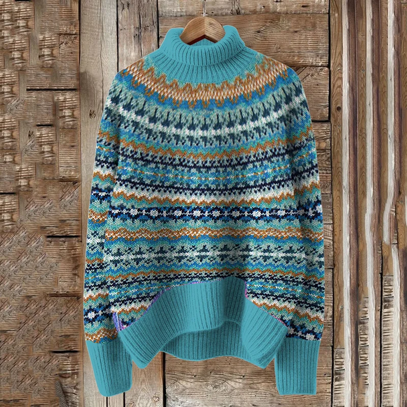 Vintage Icelandic Geometric Knit Thermal Turtleneck Sweater