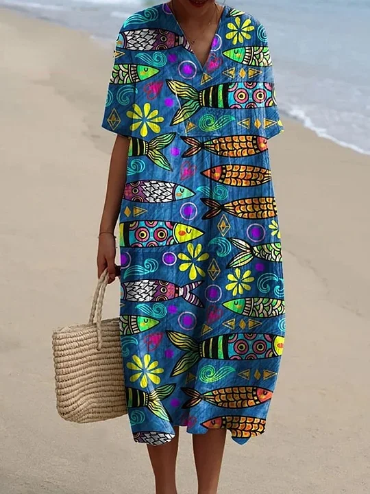 Colorful Sardine Fish Pattern Printed Women's Flowy Dress