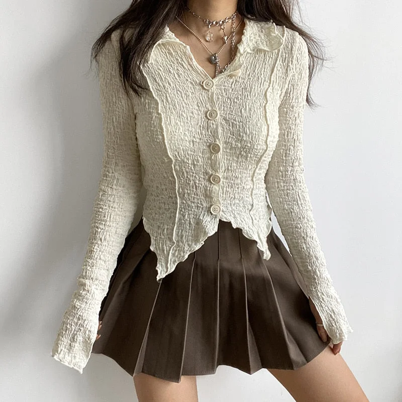 Rapcopter Knitted Crop Top Kawaii Long Sleeve T Shirt Skin Irregular Kawaii Cardigans Long Sleeve Korean Chic Tee Women Autumn