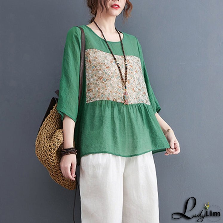 Bohemian Green O-Neck Print Tops Half Sleeve