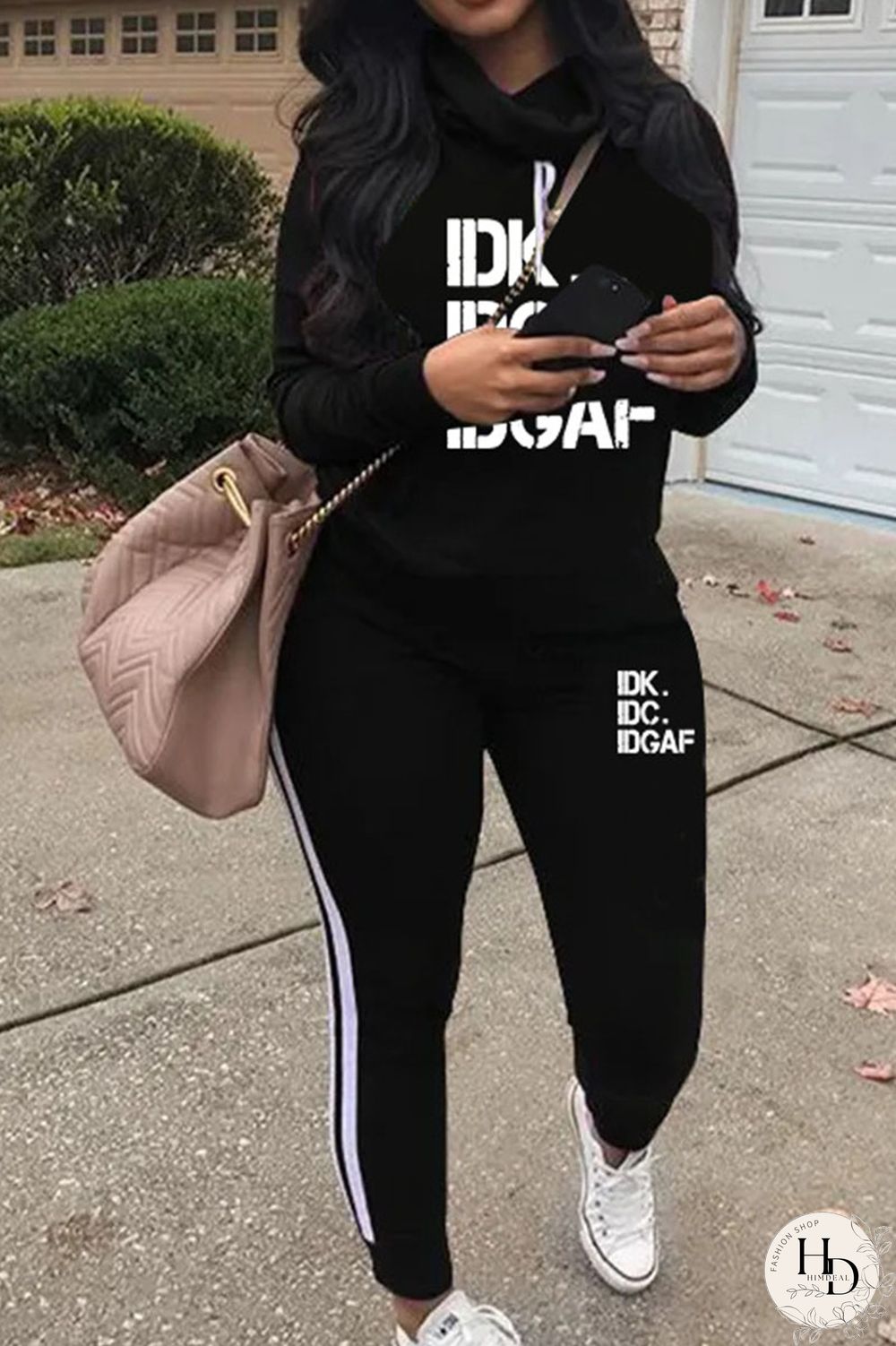 Black Casual Print Patchwork Turtleneck Plus Size Two Pieces