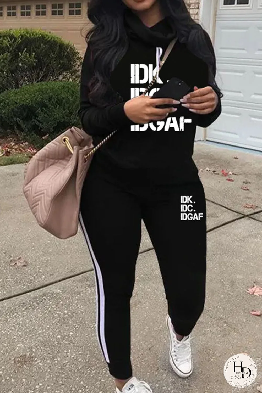 Black Casual Print Patchwork Turtleneck Plus Size Two Pieces