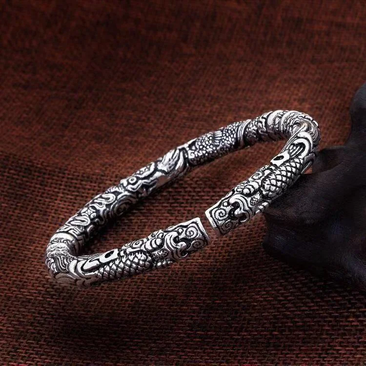 925 Silver Double Tap Retro Open Couple Bracelet