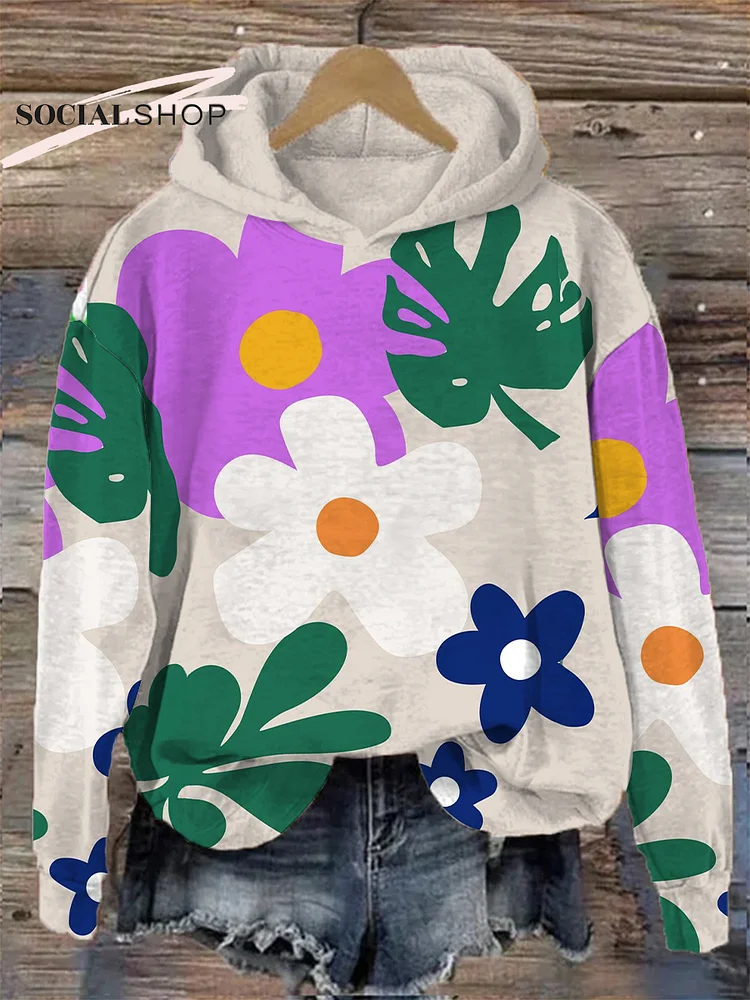 Artistic Floral Patchwork: Women's Long Sleeve Hooded Sweatshirt with a Creative Twist socialshop