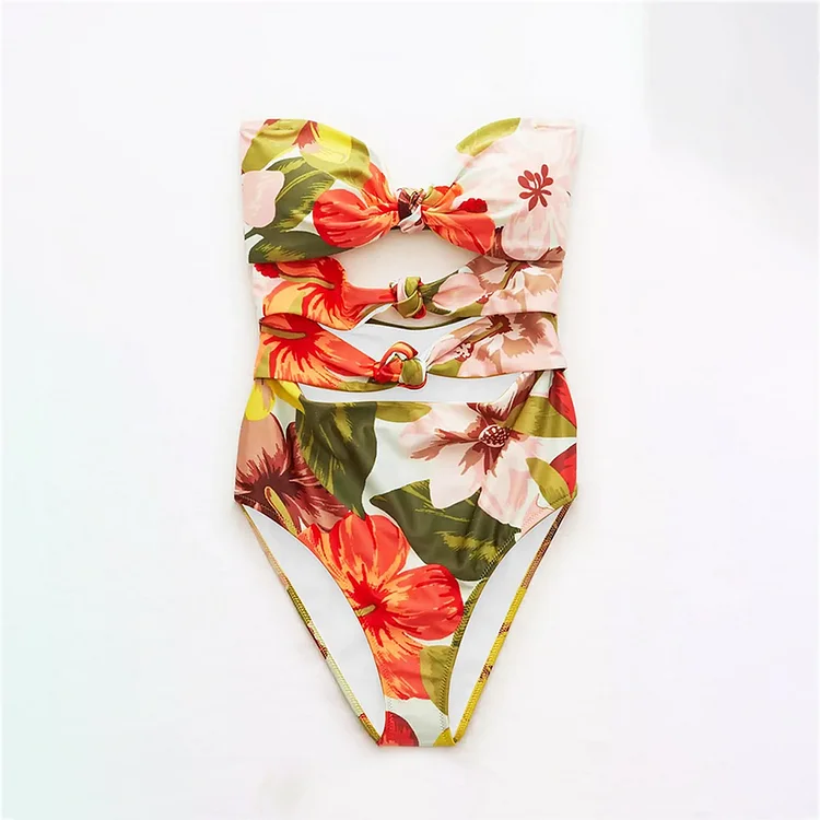 Bandeau Cutout Blossom One Piece Swimsuit and Cover Up Flaxmaker