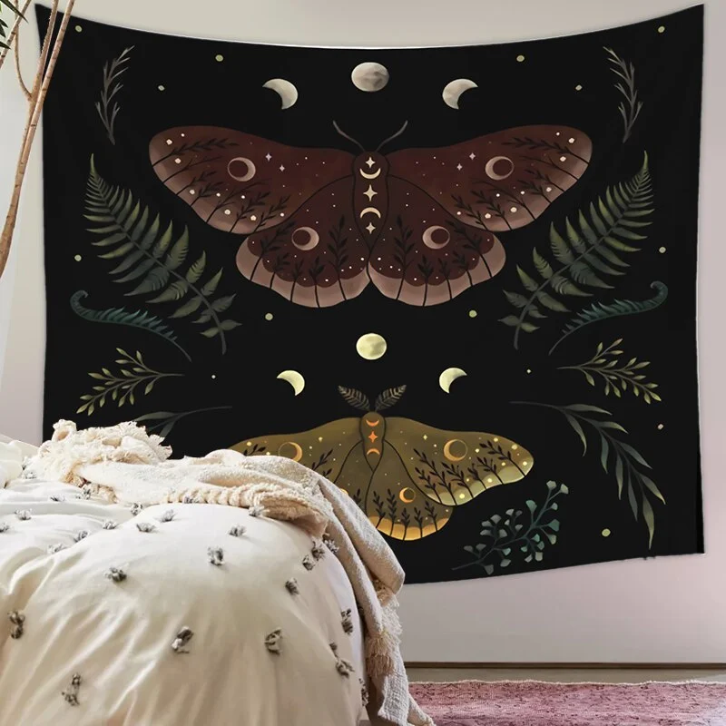 Vintage Moon Phase Wall Hanging Tapestry Mooonlight Green Olive Leaf Black Sun Witchcraft Divination Tapestry Butterfly Decor
