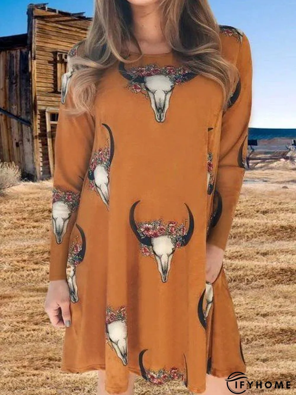 Boho Long Sleeve Cow Printed Casual Knitting Tunic Dress | IFYHOME