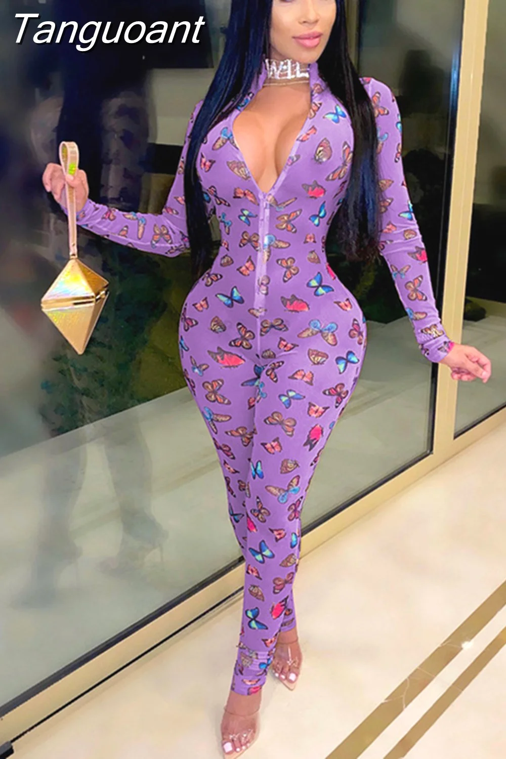 Tanguoant Print Mesh Sheer Rompers Womens Jumpsuit Long Sleeve Front Zipper Clubwear Bodycon Overalls One Piece Outfits Mono