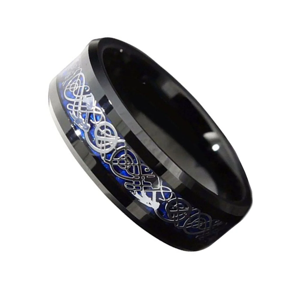 6MM 8MM Black Tungsten Inlay Blue Carbon Fiber Dragon Pattern Wedding Bands