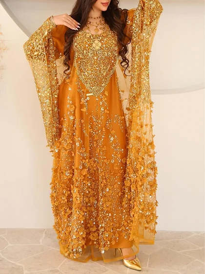 slim fit dress slacks Full Gold Sequin Rhinestone Embellished Henna Caftan Gown 36