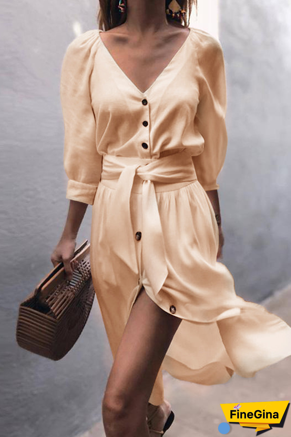 Elegant Solid Split Joint Buckle With Belt V Neck A Line Dresses