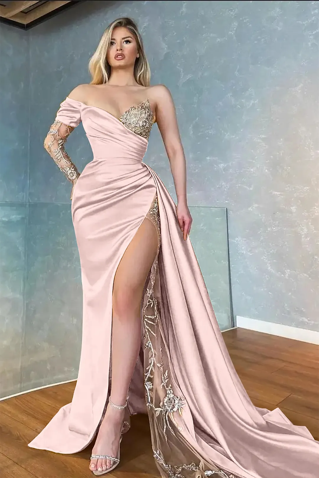 Yellow Split Mermaid/Trumpet Long Sleeve Satin Prom Dresses C2289