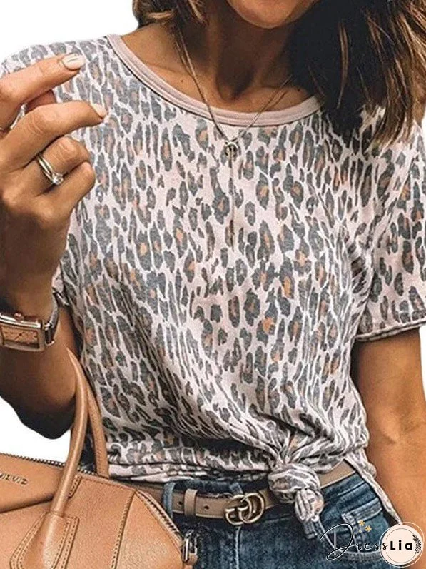 Leopard Print Loose Fit Short Sleeve T-Shirt For Women