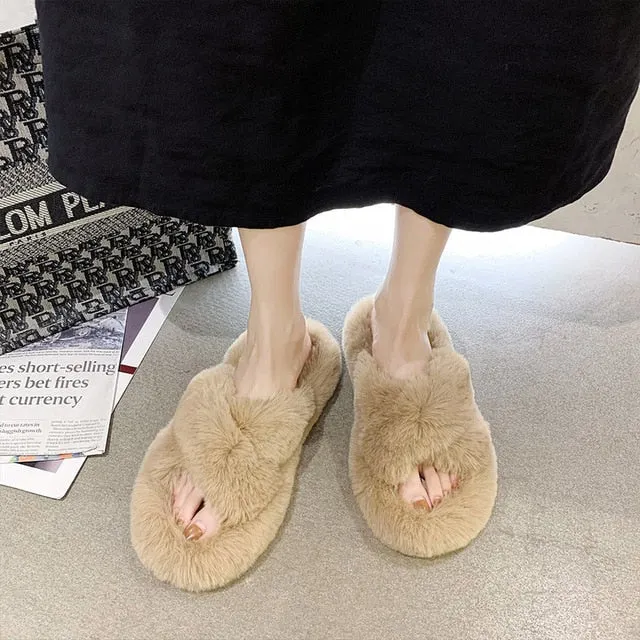 Indoor Women Fur Slippers Fluffy Soft Furry Slides Thick Flats Heel Non Slip House Shoes Ladies Luxury Design Footwear Whosale