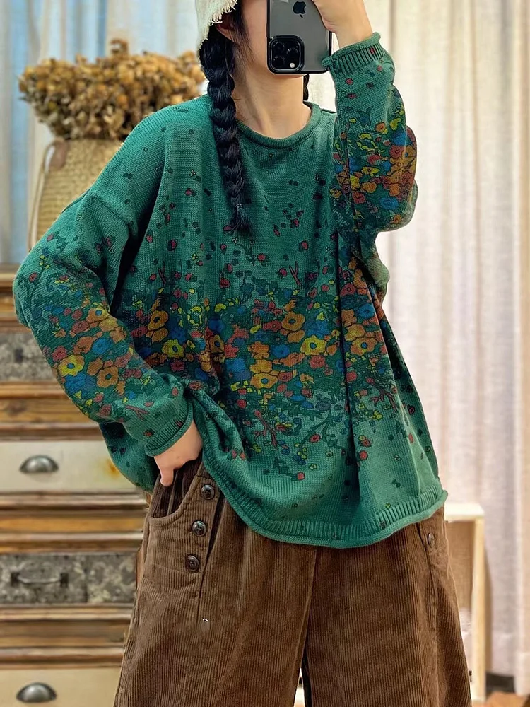 Autumn Artsy Loose Print O-Neck Long Sleeve Sweaters