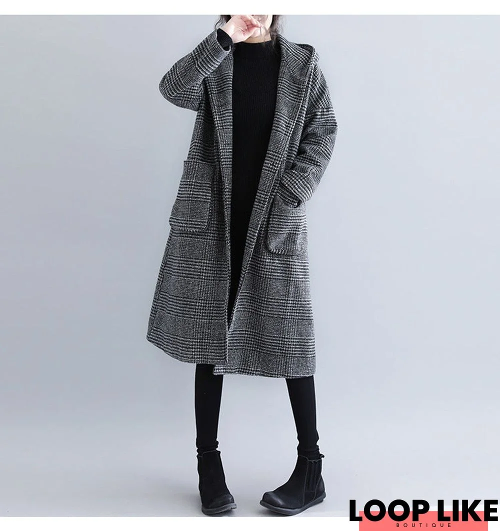 Winter Houndstooth Plaid Loose Woolen Coat Woman