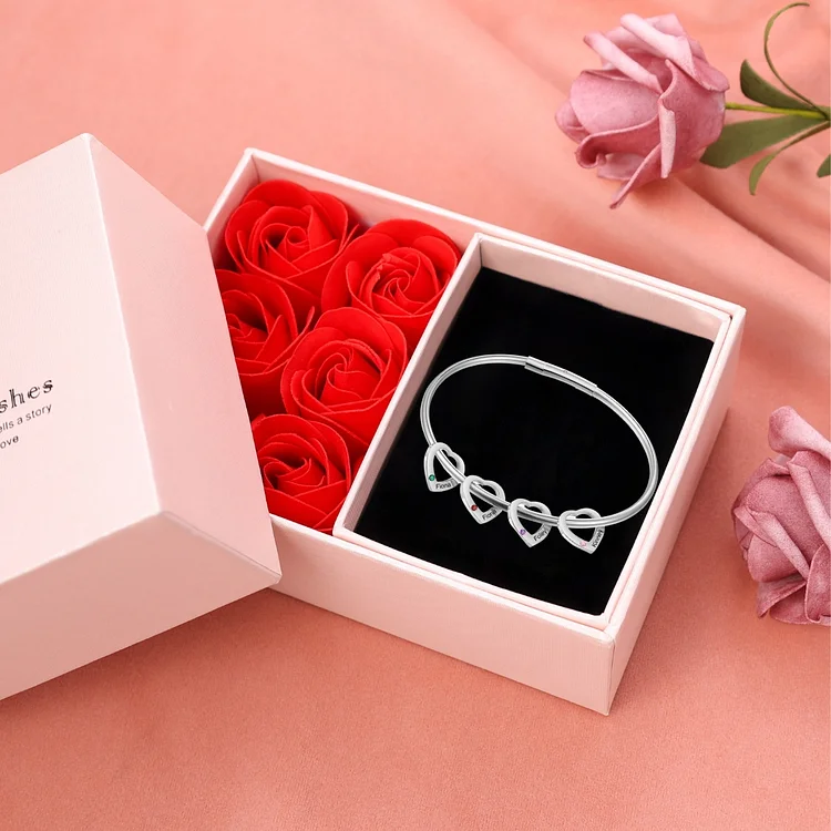 4 Names-Personalized Heart Bracelet With 4 Birthstones Bangle Engraved Names Bracelet Gift For Women