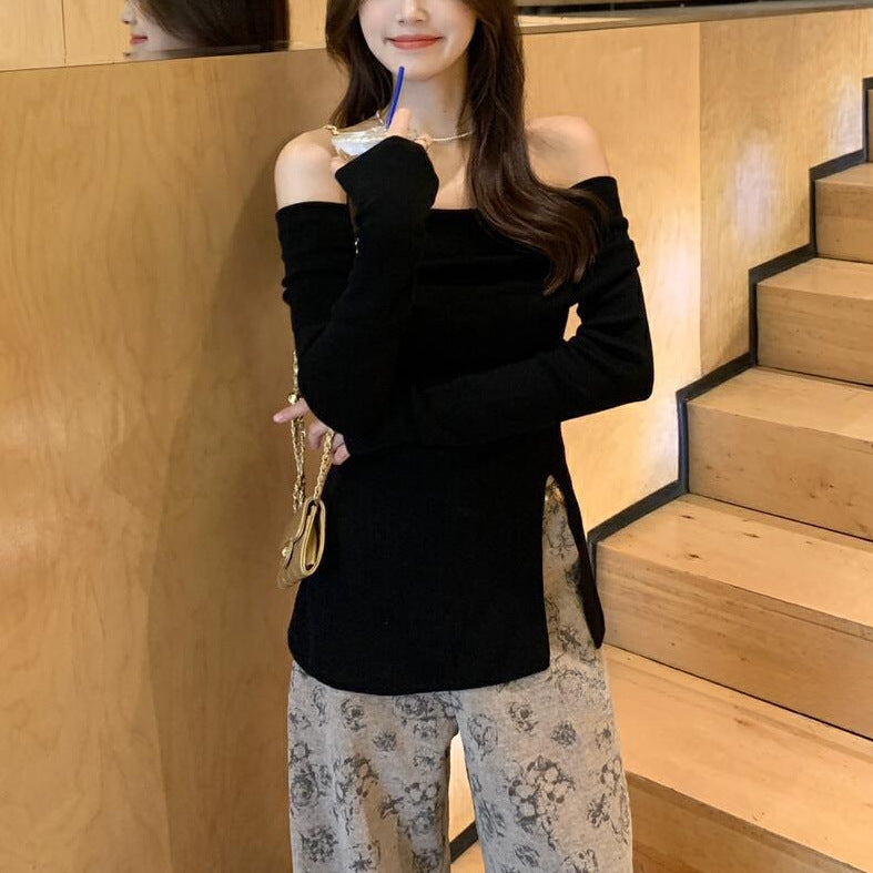 Aiertu christmas costumes women Korean Style Commuter Retro French Style Temperament off-Shoulder Split Design Sweater Women's Top aiertu