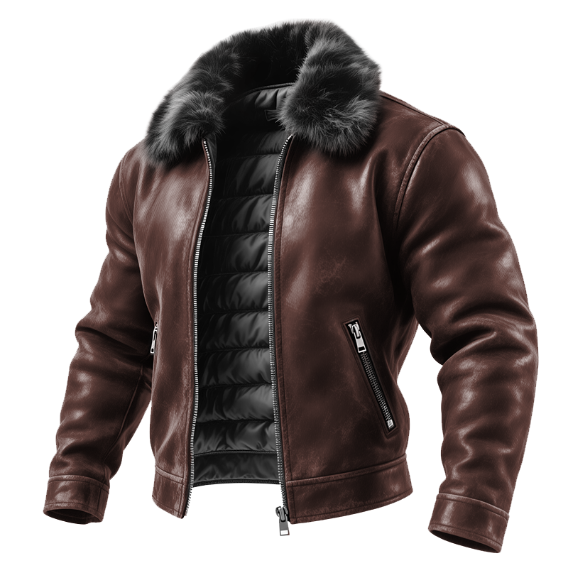 Men's Outdoor Cycling Vintage Brown Leather Jacket With Fur Collar