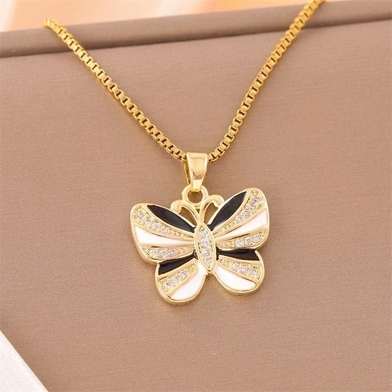 Stainless Steel Titanium Steel 18K Gold Plated Elegant Minimalist Streetwear Plating Inlay Heart Shape Flower Butterfly Zircon Pendant Necklace