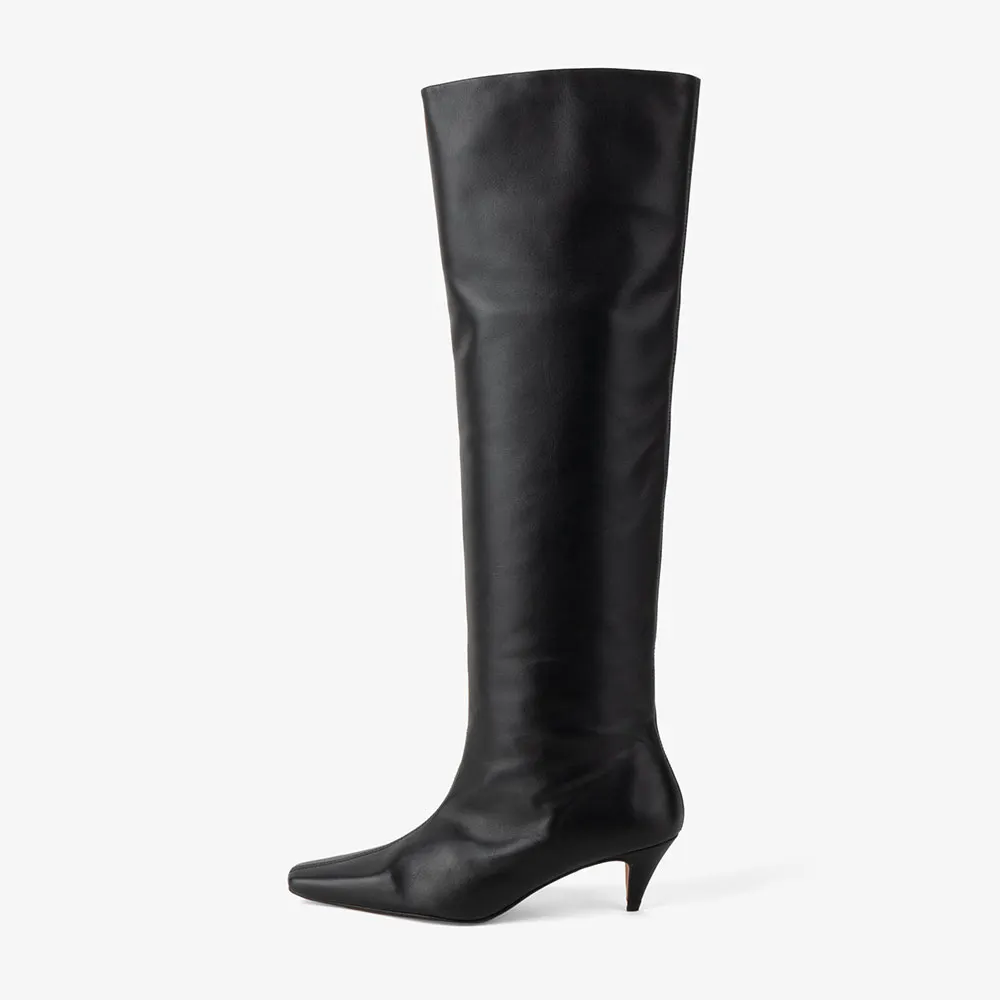 Women's Elegant Black Square Toe Kitten Heel Knee High Boots