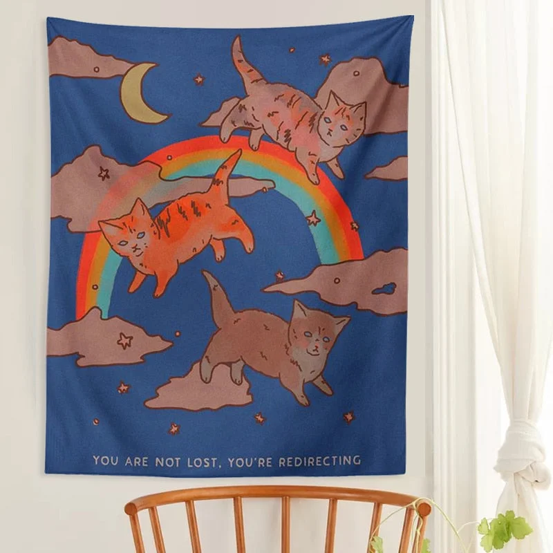 Cute Cat Tapestry Wall Hanging Rainbow Cat star moon Cartoon Tapestries for Living Room Kids Room Bedroom Room Decor Wall Art