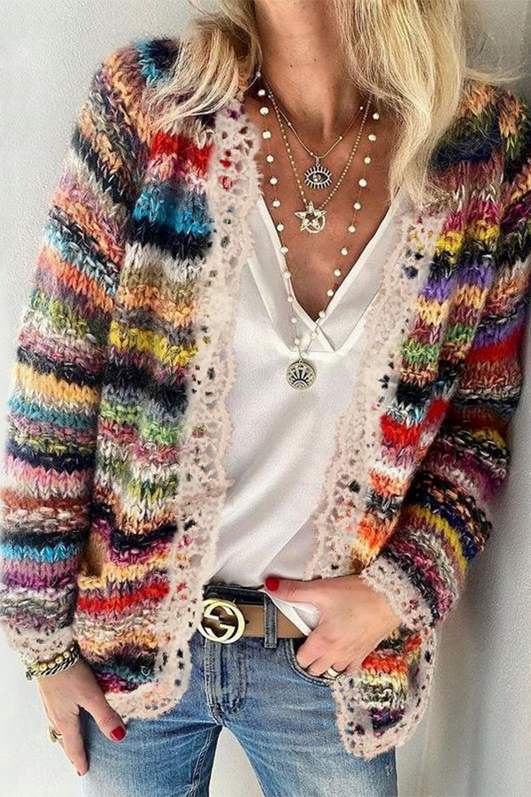 Lace Multicolor Long Sleeve Pocket Sweater Cardigan