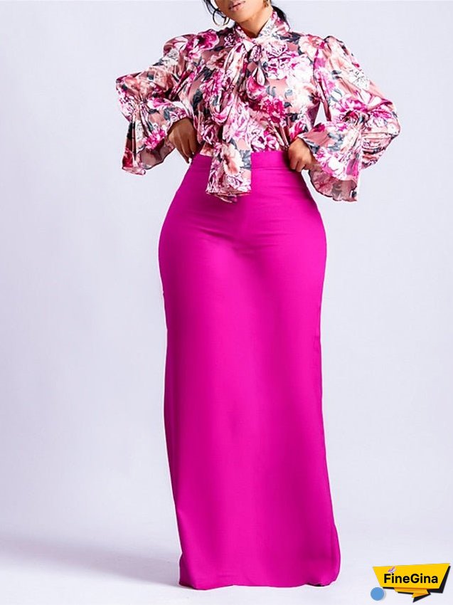 Work Dress Two Piece Dress Sheath Dress Long Dress Maxi Dress Pink Blue Fuchsia Long Sleeve Floral Lace up Winter Fall Spring Stand Collar Fashion S M L XL 2XL 3XL for Women