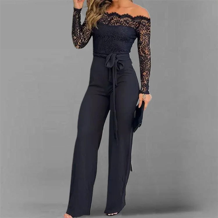 Lace Off Shoulder Long Sleeve Lace-Up Straight Leg Jumpsuit